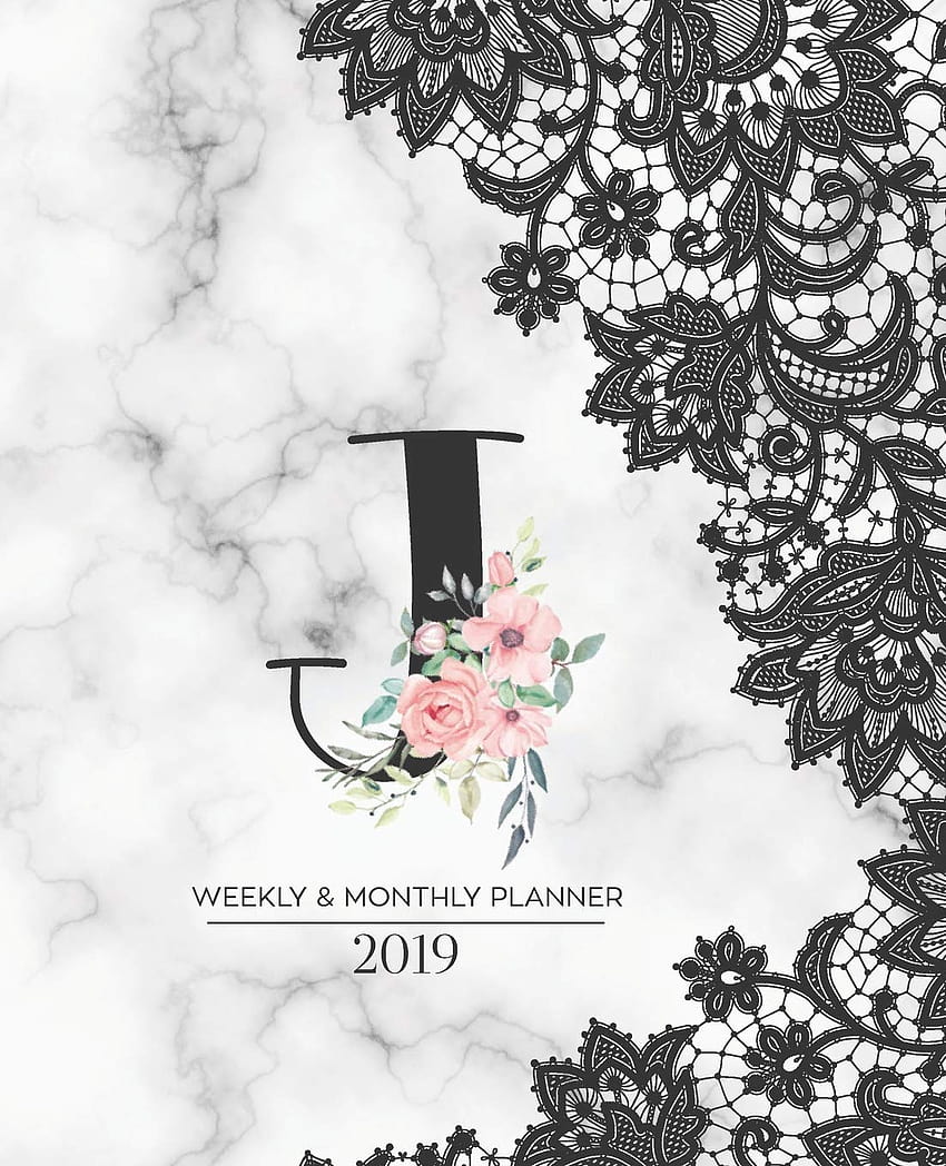 Weekly & Monthly Planner 2019: Black Lace Monogram Letter J Marble with Pink Flowers HD phone wallpaper