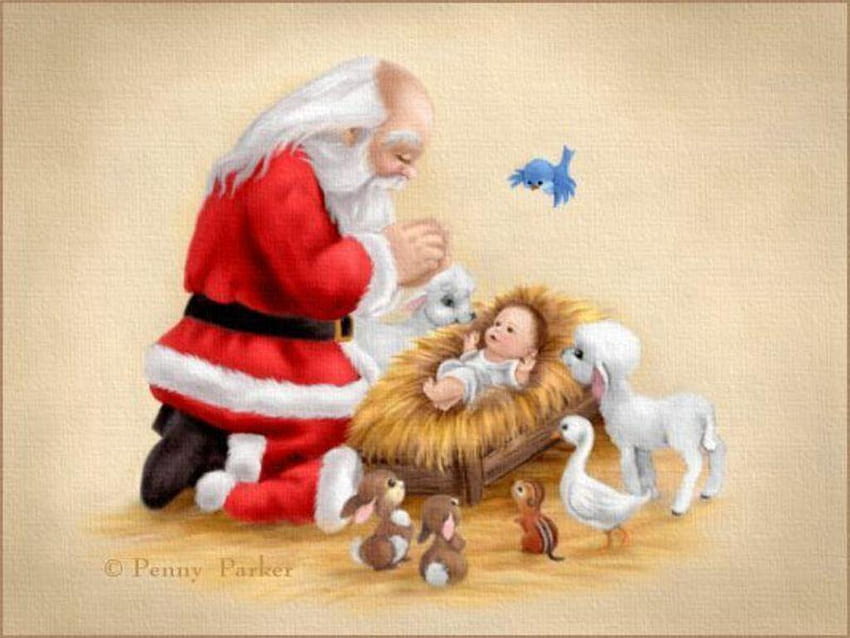 サンタと赤ん坊のイエス、クリスマスの赤ん坊のイエス 高画質の壁紙