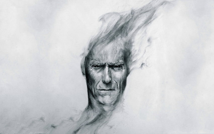 Clint Eastwood, Männer, Schauspieler, Gesicht, Betrachter ansehen, Berühmtheit, dunkle Augen, schwarze Augen, wütend, Zeichnung, Kunstwerk, Rauch, Bleistiftzeichnung, grau, weiß, weißer Hintergrund, Porträt, Bleistiftzeichnungen von Berühmtheiten HD-Hintergrundbild