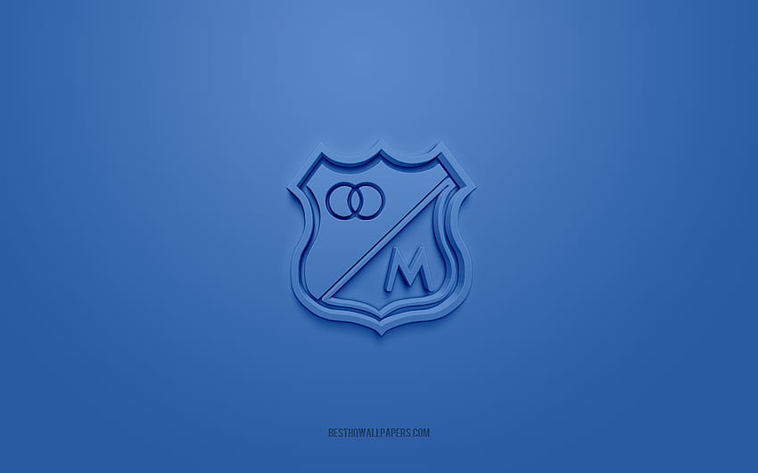 Millonarios FC, creative 3D logo, blue background, 3d emblem, Colombian football club, Categoria Primera A, Bogota, Colombia, 3d art, football, Millonarios FC 3d logo with resolution 2560x1600. High HD wallpaper