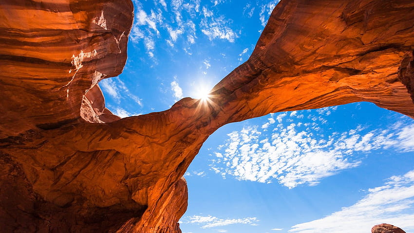 : nature, landscape, clouds, sky, rocks, canyon, Sun, sun rays, Arches National Park, Utah, USA 1920x1080, natural arch HD wallpaper