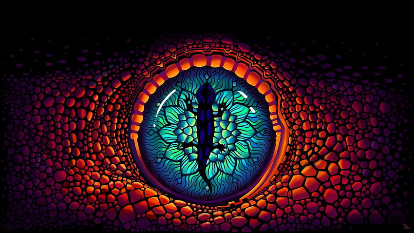 Ilustrasi ilusi optik mata reptil biru, hijau, dan jingga, ilusi iluminati Wallpaper HD
