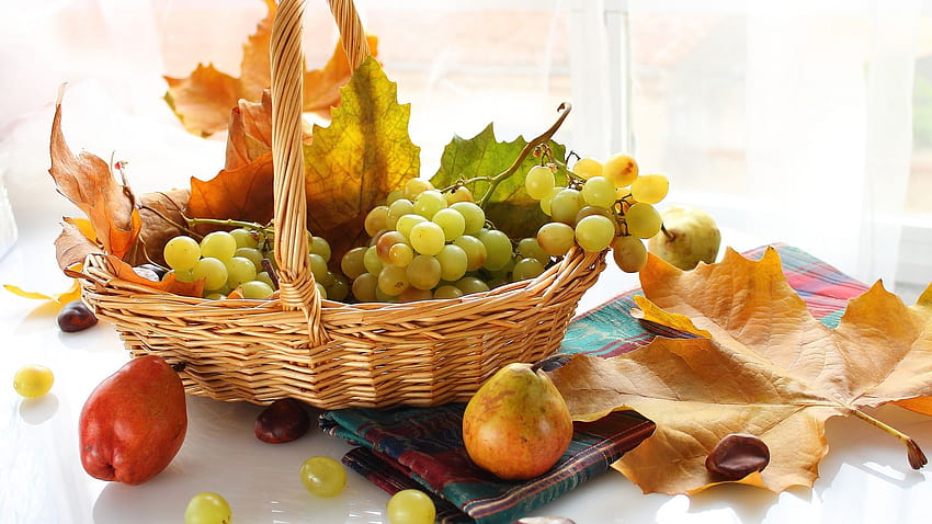 Autumn fruit, grapes, basket, pear, leaves 1920x1200 , autumn fruits HD wallpaper