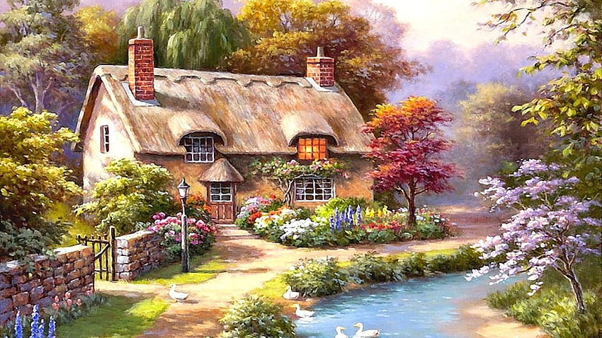 Картини Spring Cottage Sung Kim, рисувана пролет HD тапет