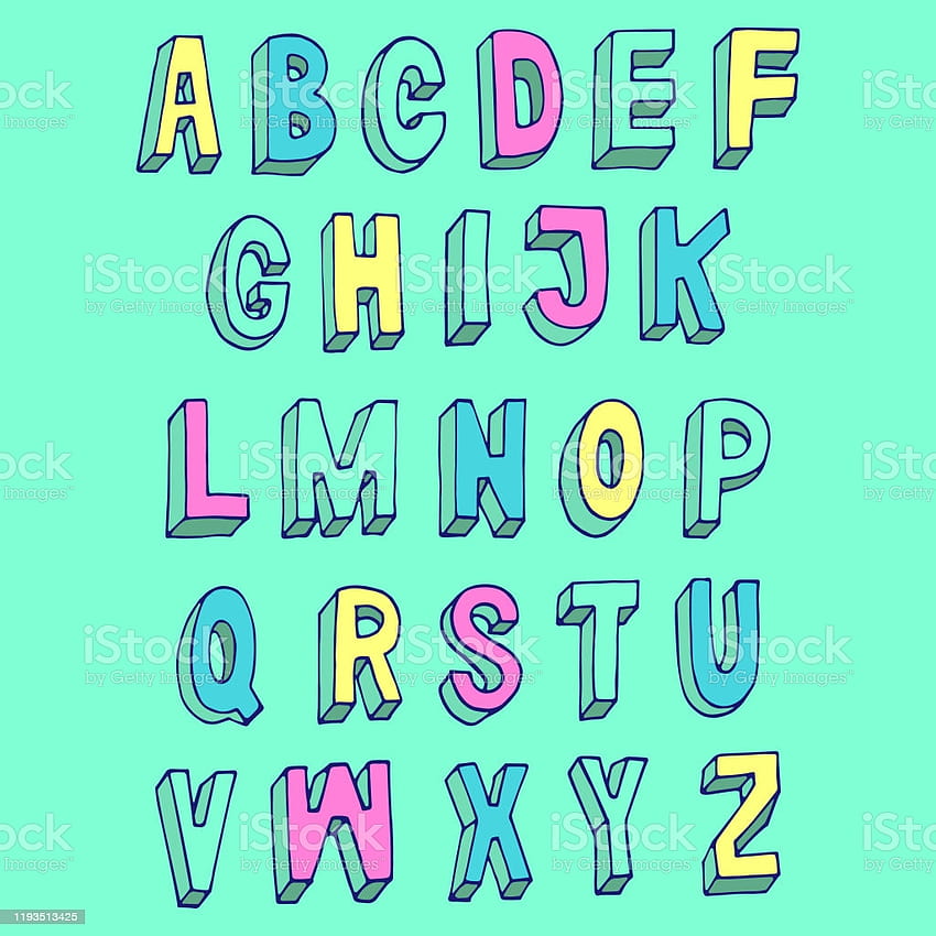 Handzeichnung einfache bunte Alphabet-Vektor-blaue Linie ABC-Illustrationen für pädagogische Drucke, Karten, Poster, rosa, gelb, blaue Buchstaben auf isolierten Hintergründen, trendige Farben, Lagerillustration, Alphabet-Buchstaben HD-Handy-Hintergrundbild