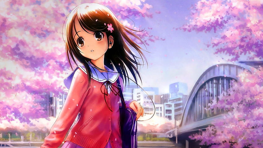 Anime Girl, Blossom, Cute, School Dress, , Background, F2be42, cute spring girls HD wallpaper
