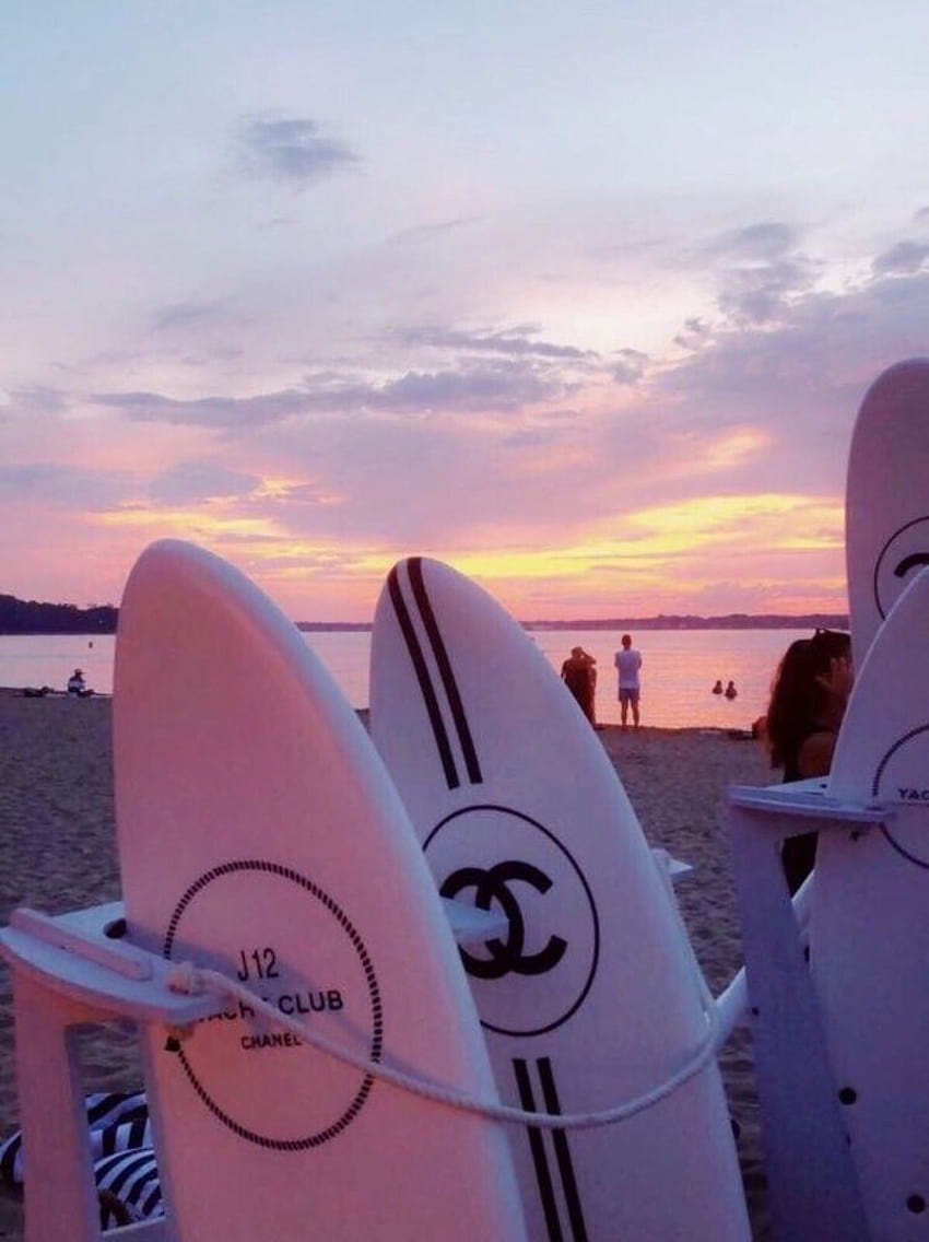 pink chanel surfboard