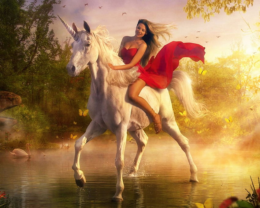 ユニコーンの馬、赤い服を着た美しい青い少女、湖、白鳥、: 13 高画質の壁紙