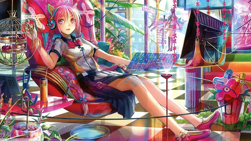nekomimi, Technologie, Anime-Mädchen, rosa Haare, Originalfiguren, Fuji Choko / und mobile Hintergründe, High-Tech-Frauen HD-Hintergrundbild