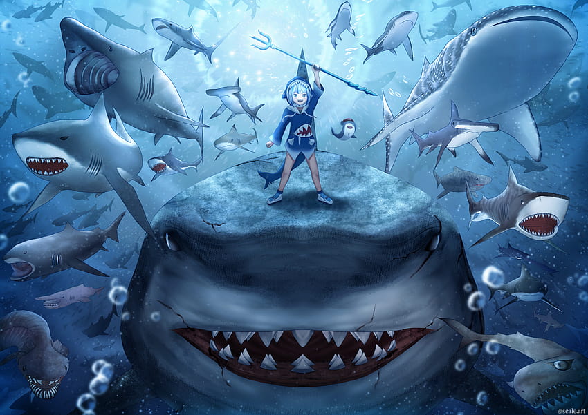 899033 anime, Gawr Gura, dentes de tubarão, Hololive, dentes pontudos, tubarão, meninas de anime, Virtual Youtuber papel de parede HD
