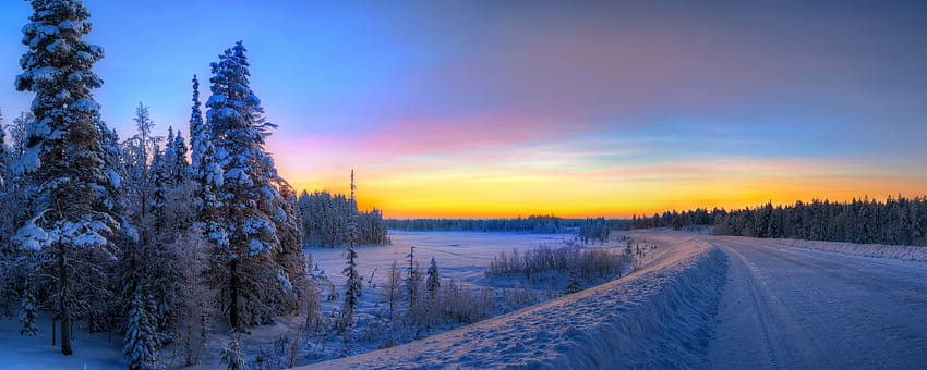 Panorama Sunset Road Winter Landscape Backgrounds Dual [2560x1024] за вашия мобилен телефон и таблет, двоен екран зима HD тапет