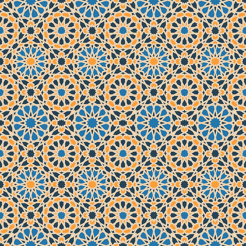 Bunga oranye dan biru, pola geometris Islami, desain geometris Islami wallpaper ponsel HD