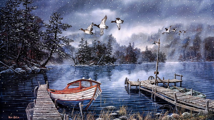 Winter Snow Rustic Duck Ducks Birds Lakes Trees Boat, rustic winter trees HD wallpaper