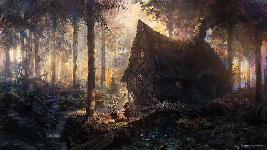 House, Forest, River, Trees, Artwork, Fantasy Art, Cabin, man, woman and wooden house painting f…, river cabins HD wallpaper