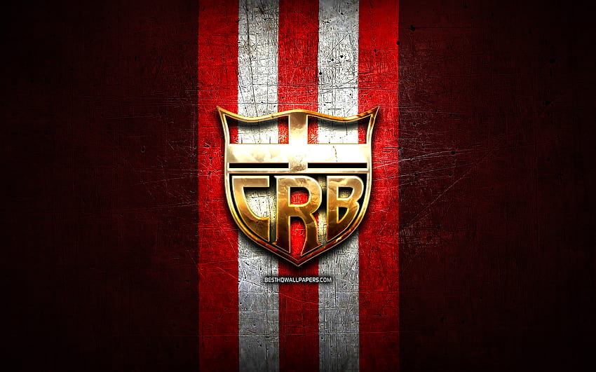 CRB FC, golden logo, Serie B, red metal background, football, Clube Regatas Brasil, brazilian football club, CRB logo, soccer, Brazil with resolution 2880x1800. High Quality HD wallpaper