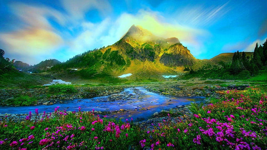 Download wallpaper 1366x768 mount lorette pond mountains sunset nature  tablet laptop 1366x768 hd background 23536