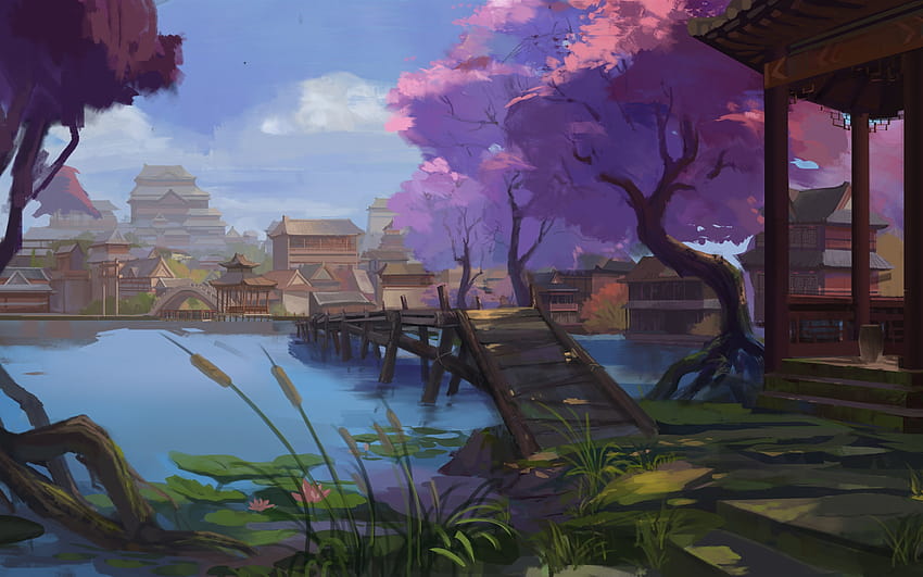 Watercolor painting, China, village, retro style 2880x1800 , village painting HD wallpaper