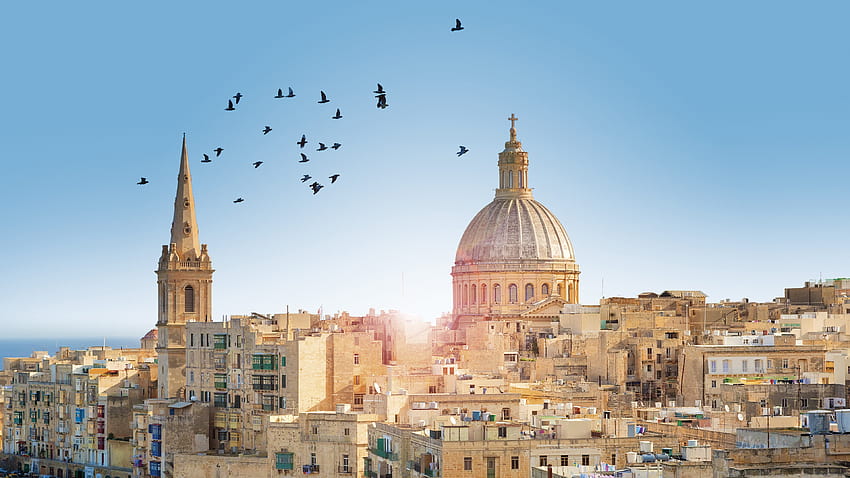 Малта, град Валета, сгради, птици, слънчеви лъчи HD тапет