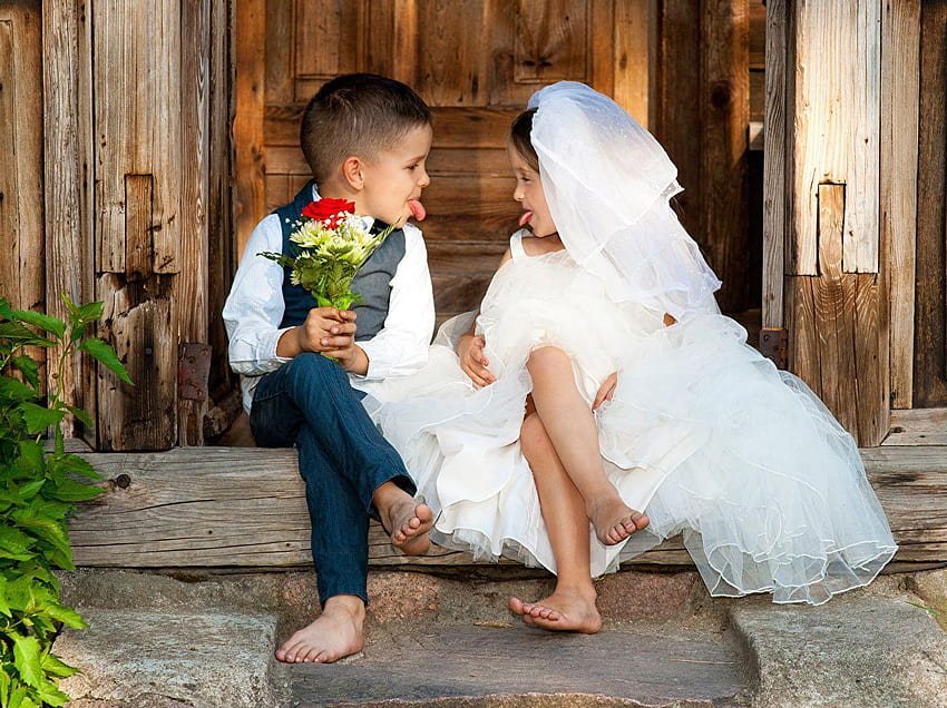 Kleine Mädchen Jungen Bräutigam Braut Kinder Blumensträuße Zwei Zunge, Braut und Bräutigam HD-Hintergrundbild