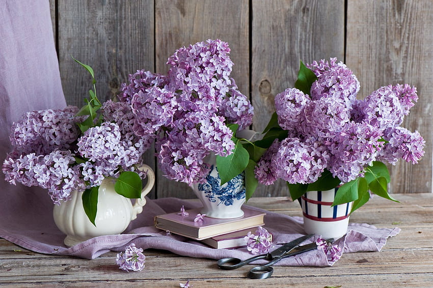 Lilac bouquets books scissors, books spring HD wallpaper
