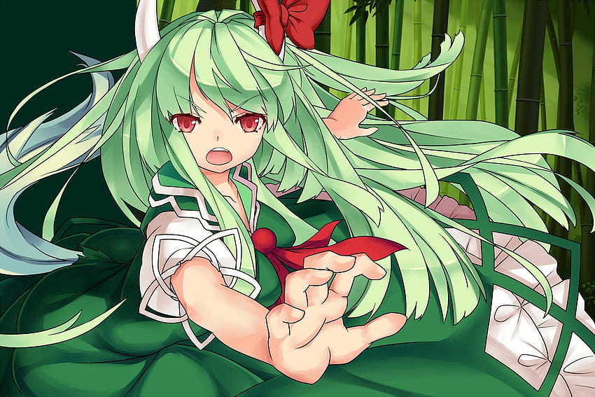 touhou kleid hörner lange haare rote augen grüne haare kamishirasawa keine bögen offener mund anime mädchen gre Hohe Qualität, High Definition, grüne anime mädchen HD-Hintergrundbild