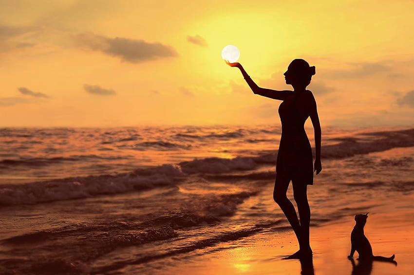 silhouettes G.BUER Sea Sun Nature young woman Sunrises and, girl silhouette sunset graphy HD wallpaper