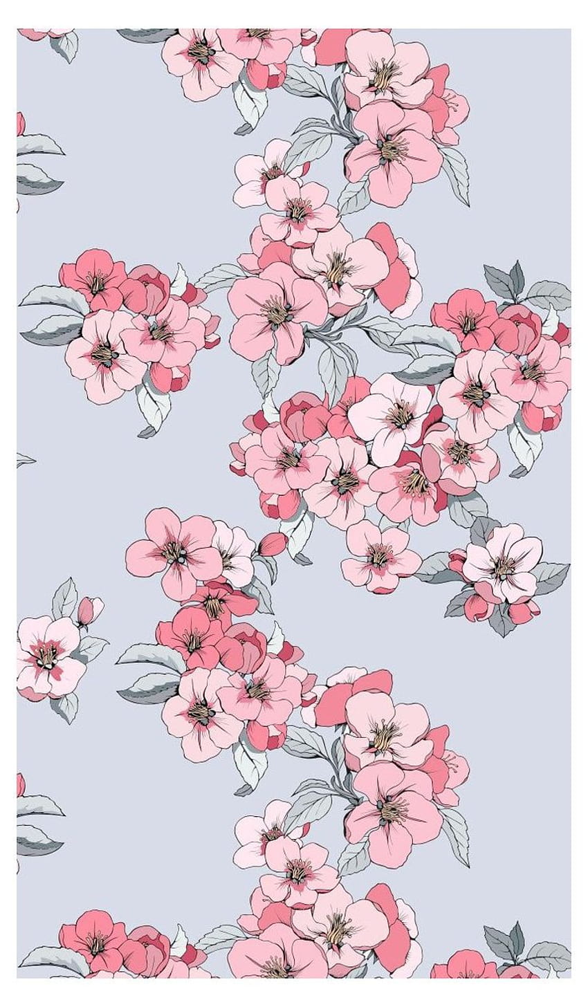 Gri pembe çiçek desenli sorunsuz. Appl çiçekli kumaşlar için vektör süsleme… HD telefon duvar kağıdı
