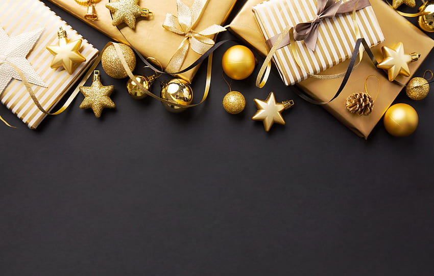 décoration, or, boules, Nouvel An, Noël, cadeaux, or, fond noir, noir, Noël, boules, Contexte, Nouvel An, décoration, boîte cadeau, Joyeux , section новый год, cadeau de Noël or Fond d'écran HD
