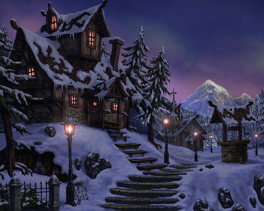 winter, snow, night, houses, fantasy art, artwork ::, winter fantasy HD wallpaper