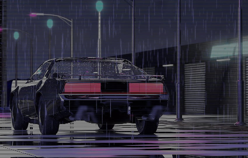 Nacht, Musik, Stadt, Maschine, Regen, Hintergrund, 80er, Retrowave-Muscle-Car HD-Hintergrundbild