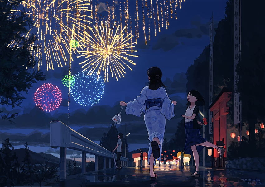 축제 불꽃 놀이 일본 옷 밤 원래 풍경 서명, 애니메이션 불꽃 놀이 HD 월페이퍼