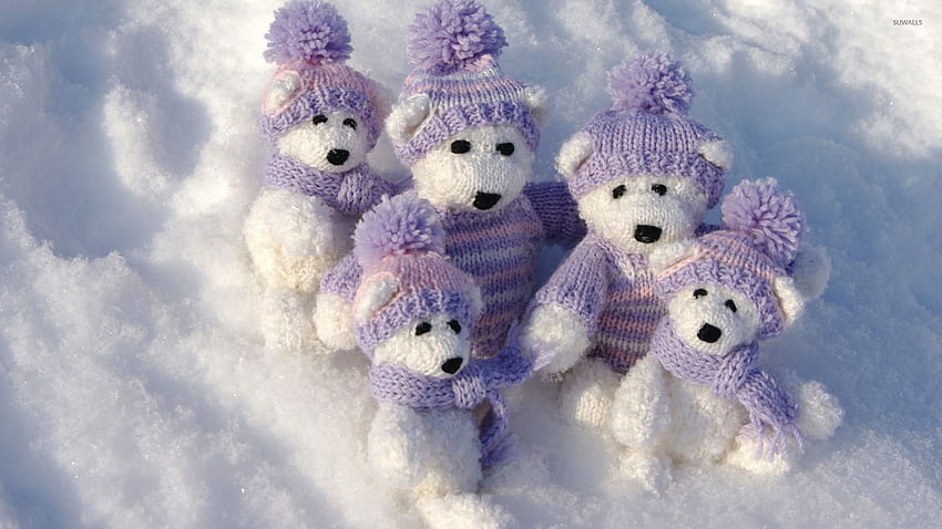 White teddy bears with purple clothes on the snow, winter season clothes HD wallpaper