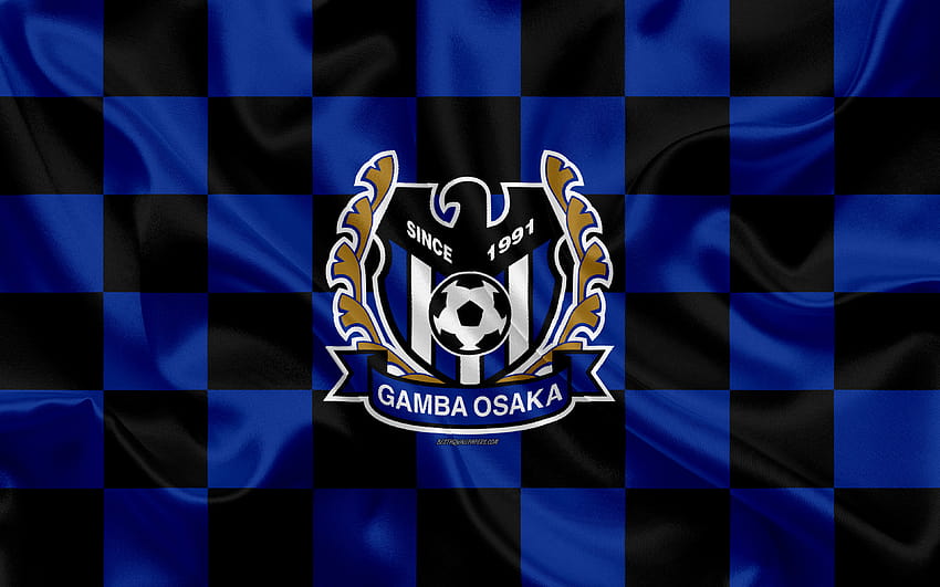 Gamba Osaka, Logo, kreative Kunst, blau-schwarz karierte Flagge, japanischer Fußballverein, J1 League, J League Division 1, Emblem, Seidentextur, Osaka, Japan, Fußball, G HD-Hintergrundbild