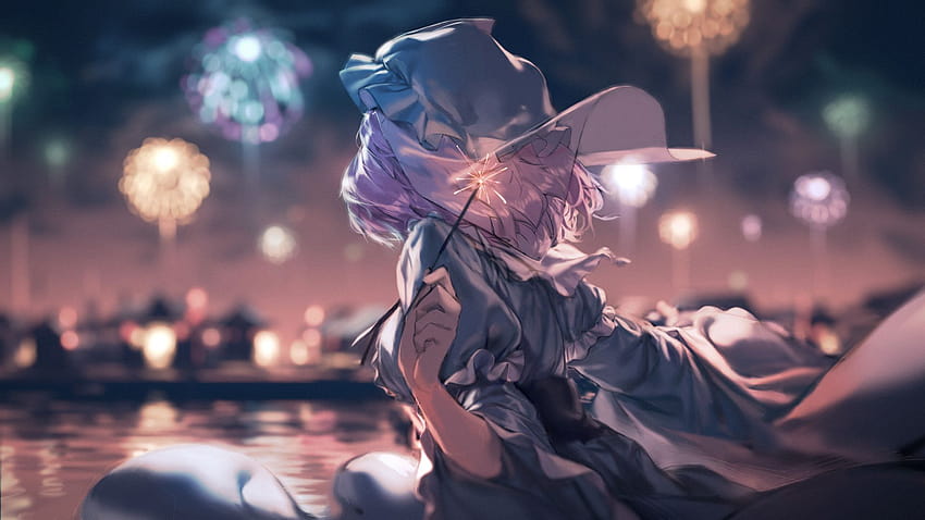 Yuyuko Saigyouji, Touhou, Enjoying Fireworks, fireworks anime pics HD wallpaper