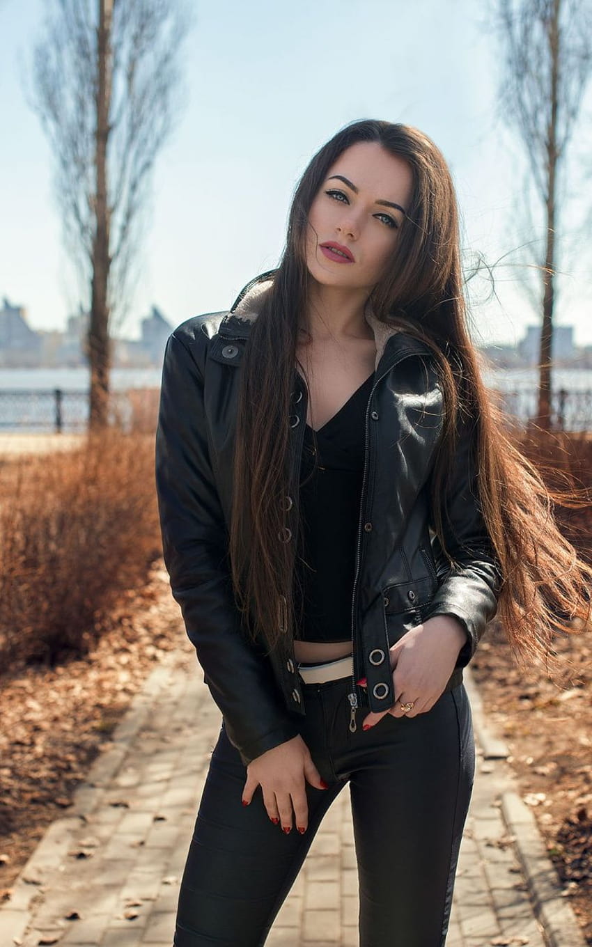 Leather jacket, outdoor, girl model , 800x1280, Samsung Galaxy Note GT, girl black jacket HD phone wallpaper