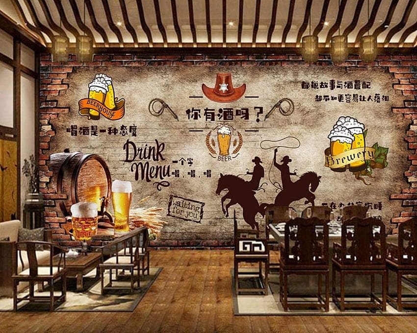3D Vintage Brick Wall Beer Bar Restaurant Sfondi Wall Fried Chicken Store Mural Cheap Custom , 200x140cm Sfondo HD