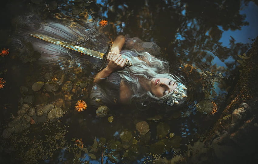 water, girl, flowers, lake, pond, style, sword, dress, fantasy girl pond HD wallpaper