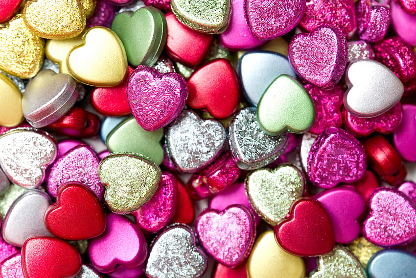 Pink Yellow and Purple Heart Shaped Candies, Backgrounds HD wallpaper