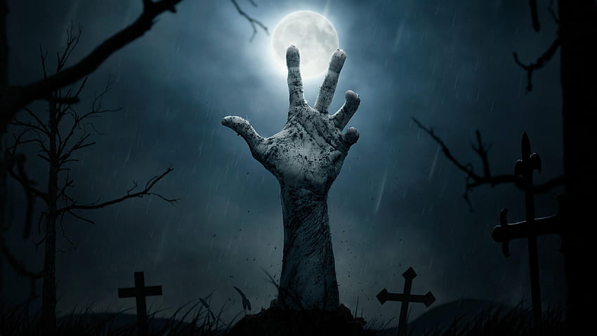 Creepy Night Cemetery With A Zombie Hand Ultra HD wallpaper