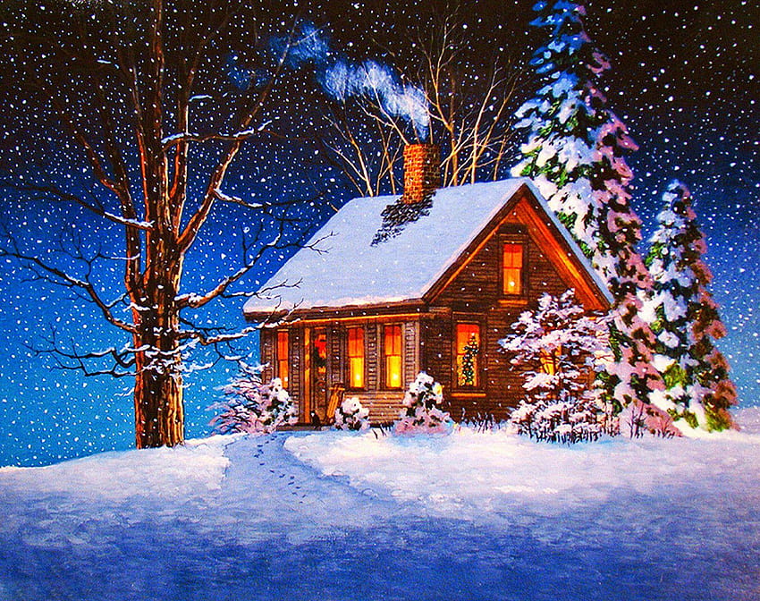 Holiday Christmas Artistic House Snowfall Holiday Cabin Tree, kabin musim dingin natal Wallpaper HD