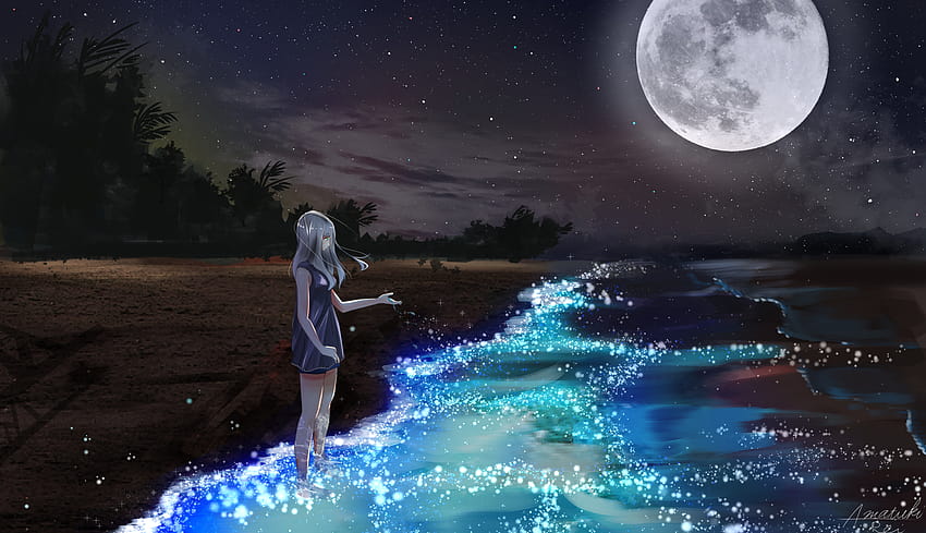 1336x768 Anime Girl At Seashore Dark Moon Laptop , Backgrounds, and, moon laptop anime HD wallpaper