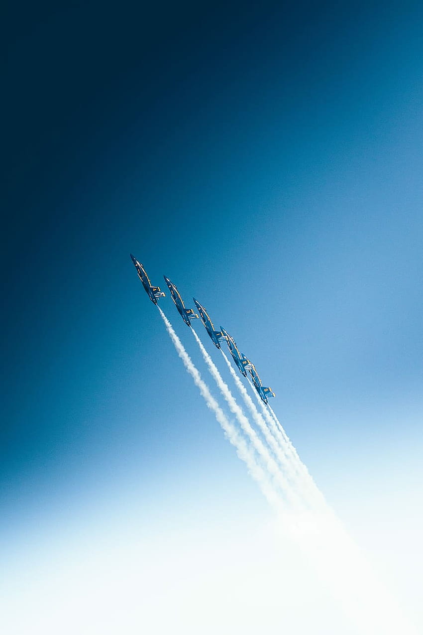 fünf, jet, fliegend, himmel, düsenflugzeug, rauch, luft, cc0, minimalistischer kampfjet HD-Handy-Hintergrundbild