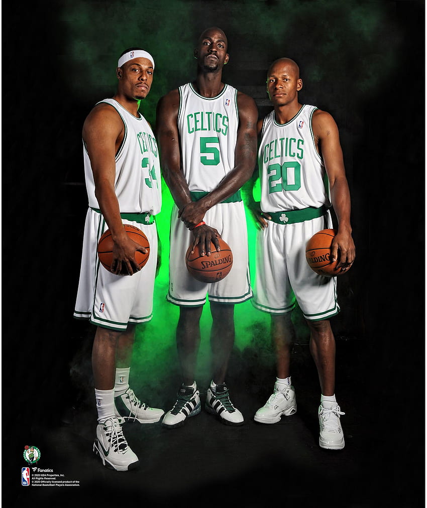 Kevin Garnett, Paul Pierce und Ray Allen Boston Celtics Unsigned White Jersey Grafik HD-Handy-Hintergrundbild