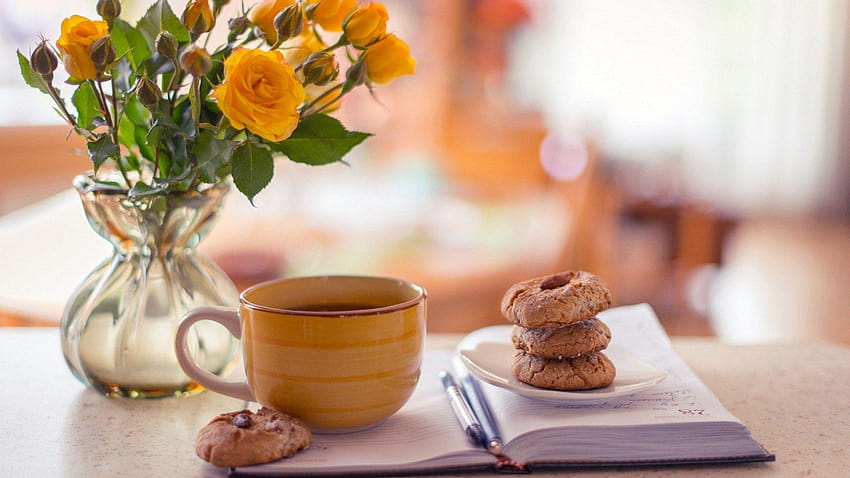 Vase Roses Yellow Notepad Cup Tea Biscuits HD wallpaper