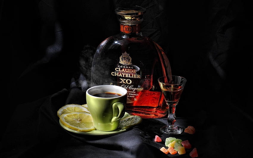 brandy kawa cytryna szkło ciemne tła martwa natura tła, cognac Tapeta HD