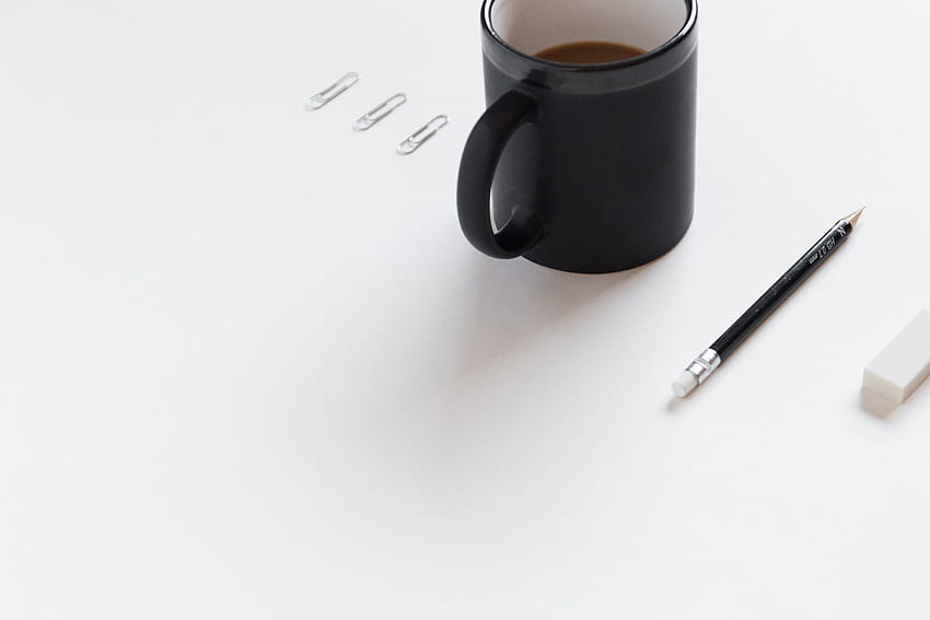 ID: 203270 / a pencil an eraser and paper clips next to a cup of coffee, office supplies and coffee HD wallpaper