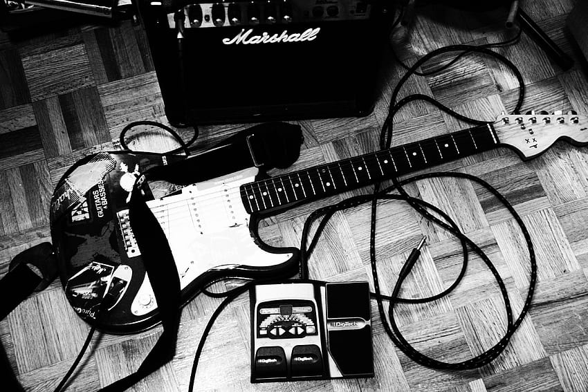 Electric guitar on the floor, amplifier HD wallpaper