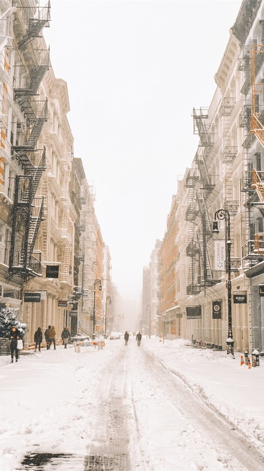New York en hiver, neige, rue, bâtiments, États-Unis 750x1334 iPhone 8/7/6/6S, arrière-plan, scène d'hiver nyc Fond d'écran de téléphone HD