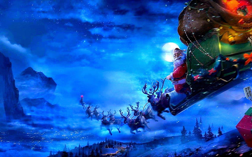 Santa Claus Sleigh and Reindeer, santa sleigh and reindeers in sky HD wallpaper
