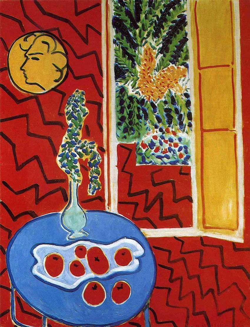Natureza morta interior vermelha sobre uma mesa azul, Henri Matisse Papel de parede de celular HD